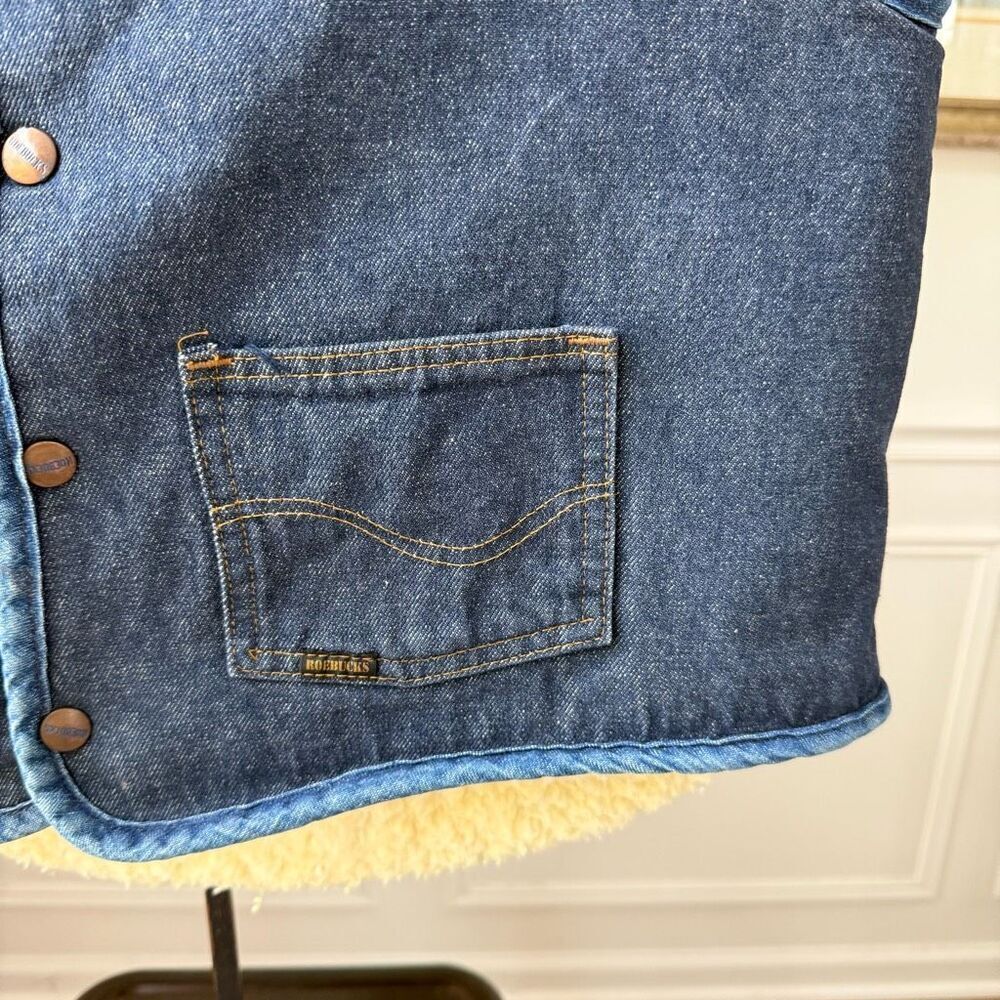 Vintage 70s Sears Roebuck Denim Snap Vest Sherpa Lining M - Picture 3 of 7